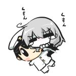  0_0 1girl =_= admiral_(kantai_collection) ahoge blush blush_stickers chibi commentary_request gomasamune headwear_removed hug kantai_collection naval_uniform pale_skin shinkaisei-kan short_hair silver_hair simple_background smile stuffed_toy tagme tears translation_request white_background wo-class_aircraft_carrier 