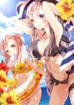  218 2girls armpits arms_up bikini breasts brown_hair cleavage clouds flower green_eyes innertube jewelry long_hair looking_at_viewer mouth_hold multiple_girls necklace original revision short_hair silver_hair smile sun sunflower sweat swimsuit towel violet_eyes water wet 