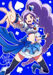  1girl aono_miki blue_background blue_skirt blush boots choker cure_berry drill_hair earrings eyelashes fresh_precure! frilled_skirt frills hair_ornament hairband happy heart heart_hair_ornament high_heels jewelry jumping knee_boots long_hair looking_at_viewer magical_girl midriff navel open_mouth ponytail precure purple_hair ribbon shirono shirt side_ponytail skirt smile solo thigh-highs thighs translation_request violet_eyes wrist_cuffs zettai_ryouiki 