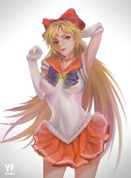  1girl aino_minako alternate_eye_color arm_behind_head bishoujo_senshi_sailor_moon blonde_hair bow choker elbow_gloves facial_mark gem gloves gradient gradient_background hair_bow heart highres long_hair orange_skirt pleated_skirt red_eyes sailor_venus skirt super_sailor_venus very_long_hair white_gloves yf 