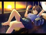  1girl bag barefoot brown_eyes cellphone classroom earphones long_hair looking_at_viewer lying ocean on_back on_desk original phone pleated_skirt school_desk school_uniform shirt shoes_removed short_sleeves skirt smile soaking_feet solo sunset unasaka_ryou window 