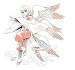  1boy afuro_terumi angel angel_wings blonde_hair character_name inazuma_eleven inazuma_eleven_(series) japanese_clothes long_hair male mizuhara_aki multiple_wings red_eyes sandals seraph simple_background solo tabi white_background wings 