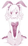  1girl animal_ears blush bunnysuit dekosuke drill_hair fishnet_pantyhose fishnets idolmaster idolmaster_cinderella_girls kanzaki_ranko long_hair monochrome pantyhose rabbit_ears twin_drills twintails 