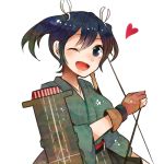  1girl black_hair bow_(weapon) gloves heart itomugi-kun japanese_clothes kantai_collection one_eye_closed short_hair simple_background smile solo souryuu_(kantai_collection) twintails weapon white_background 