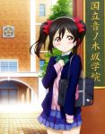  1girl absurdres bag black_hair blush bow cardigan hair_bow headphones highres love_live!_school_idol_project outdoors red_eyes school school_uniform solo twintails yazawa_nico 