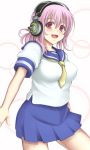  1girl blush breasts deni_m headphones highres large_breasts miniskirt nitroplus open_mouth pink_eyes pink_hair red_eyes school_uniform serafuku short_hair short_sleeves skirt smile solo super_sonico 