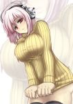 1girl annoyed blush breasts deni_m headphones highres large_breasts long_hair long_sleeves looking_at_viewer nitroplus panties pink_hair red_eyes solo super_sonico sweater sweater_tug thigh-highs turtleneck underwear zoom_layer