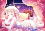  1girl barefoot bed blonde_hair blue_eyes curtains hat long_hair lying nanna_(irasutokanakili) on_stomach original pajamas pillow smile solo stuffed_animal stuffed_bunny stuffed_toy window 