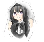  1girl :d akemi_homura black_hair blanket funeral_dress glasses hairband long_hair looking_at_viewer mahou_shoujo_madoka_magica mahou_shoujo_madoka_magica_movie open_mouth red-framed_glasses sakusyaretsuden semi-rimless_glasses simple_background smile solo spoilers under-rim_glasses violet_eyes white_background 