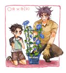  2boys black_hair blush boots flower gloves grandfather_and_grandson green_eyes jojo_no_kimyou_na_bouken joseph_joestar joseph_joestar_(young) kneeling kuujou_joutarou multiple_boys notebook plant sahau228 short_hair smile squatting violet_eyes younger 