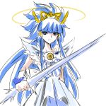  1girl aoki_reika blue_dress blue_eyes blue_hair cure_beauty dress eyelashes gacchahero hair_tubes halo jewelry long_hair magical_girl precure princess_form_(smile_precure!) ribbon serious simple_background sketch smile_precure! solo spiky_hair standing sword tiara weapon white_background wrist_cuffs 