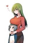 1boy 1girl age_difference blue_eyes blue_hair breast_rest breasts breasts_on_head erubo green_hair heart long_hair original short_hair simple_background white_background 