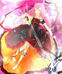  1girl bare_shoulders barefoot closed_eyes guilty_crown hair_ornament hairclip ilias_niconico long_hair open_mouth outstretched_arm pink_hair singing solo twintails yuzuriha_inori 