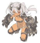  1girl arm_strap armor bikini_armor blade_(galaxist) breasts dark_skin fang gauntlets greaves horns jpeg_artifacts kneeling long_hair navel open_mouth original pauldrons red_eyes shiny shiny_skin silver_hair simple_background solo thigh_strap twintails white_background 