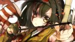  1girl arrow blood bow_(weapon) brown_eyes brown_hair burnt_clothes headband hiryuu_(kantai_collection) japanese_clothes kantai_collection personification quiver shirokitsune short_hair side_ponytail weapon 