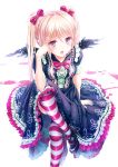  1girl alc artist_request black_wings blonde_hair copyright_request highres lolita_fashion pink_eyes simple_background sitting solo striped striped_legwear tagme thigh-highs tongue tongue_out twintails white_background wings 