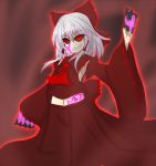  1girl armpits ascot black_sclera bow dark_persona detached_sleeves evil_grin evil_smile frilled_shirt_collar glowing glowing_eyes grin hair_bow hair_tubes hakurei_reimu large_bow long_skirt m.u.g.e.n maga-reimu navel ofuda outline red_eyes ribbon-trimmed_sleeves ribbon_trim skirt skirt_set smile solo teoi_(good_chaos) touhou vest white_hair wide_sleeves 