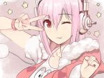 1girl ;3 blush breasts headphones large_breasts long_hair looking_at_viewer nitroplus one_eye_closed pink_hair red_eyes smile solo super_sonico v v_over_eye wink 