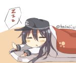  1girl =_= akatsuki_(kantai_collection) black_hair drooling futon hat kantai_collection long_hair nonono_(basasi21) open_mouth school_uniform serafuku sleeping solo 