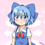  1girl :o blue_eyes blue_hair blush bow bowtie bust cirno collared_shirt commentary commentary_request dress hair_bow highres ice ice_wings looking_at_viewer pink_background puffy_short_sleeves puffy_sleeves short_hair short_sleeves signature solo sparkle touhou tsurime wide-eyed wings yuutamiitan 