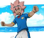  1boy black_eyes dark_skin goggles goggles_on_head inazuma_eleven inazuma_eleven_(series) inazuma_japan lightning_bolt male mizuhara_aki open_mouth soccer_uniform solo sportswear tsunami_jousuke white_background 