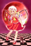  1girl blonde_hair bow checkered checkered_floor fang flandre_scarlet full_moon hat laevatein moon open_mouth red_eyes red_moon ribbon short_hair side_ponytail smile solo touhou wings yaya-9_(ximsol) 