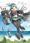  1girl :d armor beach black_legwear cannon controller depth_charge fairy_(kantai_collection) fatkewell food fruit grey_hair joystick kantai_collection knees_together_feet_apart mecha_musume melon ocean open_mouth panties panties_under_pantyhose pantyhose personification ponytail school_uniform serafuku skirt smile thigh_gap thighband_pantyhose turret underwear yellow_eyes yuubari_(kantai_collection) 