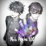  2boys black_hair character_request copyright_name english gradient gradient_background looking_at_viewer mob_psycho_100 monochrome morya multiple_boys school_uniform short_hair smile standing tagme white_background 