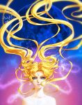  1girl 2014 bare_shoulders bishoujo_senshi_sailor_moon blonde_hair blue_eyes crystal earrings eyeshadow facial_mark floating_hair forehead_mark full_moon hair_down jewelry lirahalovna long_hair makeup moon older signature solo tsukino_usagi very_long_hair 