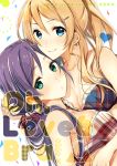  2girls ayase_eli bangs blonde_hair blue_eyes blush bra breasts checkered checkered_bra cleavage cover cover_page doujin_cover hair_ornament hairclip heart lace-trimmed_bra long_hair love_live!_school_idol_project multiple_girls nail_polish okia ponytail purple_hair smile swept_bangs toujou_nozomi twintails underwear yuri 