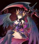  1girl armor black_hair black_wings crown dogg023 earrings electricity gauntlets highres jewelry long_hair persephone_(p&amp;d) pointy_ears puzzle_&amp;_dragons scythe smile solo thigh-highs violet_eyes wings zettai_ryouiki 