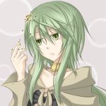  bangs breasts caam_serenity_of_gusto cleavage collarbone duel_monster green_eyes green_hair nattou payot ponytail robe shintani_tsushiya yuu-gi-ou 