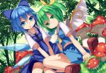  2girls ascot blue_eyes blue_hair bow cirno daiyousei fairy_wings grass green_eyes green_hair hair_bow hair_ribbon highres ice ice_wings looking_at_viewer mikan_(bananoha) multiple_girls mushroom pout ribbon shirt short_sleeves side_ponytail sitting skirt skirt_set touhou tree v_arms vest wings 