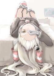  1girl amatsukaze_(kantai_collection) backlighting bed commentary_request garter_straps gloves hair_tubes highres kantai_collection long_hair long_sleeves looking_at_viewer lying on_bed r0g0b0 school_uniform serafuku silver_hair solo striped striped_legwear thigh-highs very_long_hair white_gloves yellow_eyes 