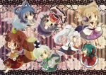  6+girls animal_ears blue_eyes blue_hair brown_eyes brown_hair chibi dress earmuffs flower futatsuiwa_mamizou glasses green_eyes green_hair grey_hair grin hair_rings hat japanese_clothes kaku_seiga kariginu kasodani_kyouko leaf leaf_on_head miyako_yoshika mononobe_no_futo multiple_girls one_eye_closed open_mouth pince-nez ponytail raccoon_ears raccoon_tail ritual_baton sen1986 sharp_teeth smile soga_no_tojiko tail tate_eboshi ten_desires touhou toyosatomimi_no_miko white_hair wink 