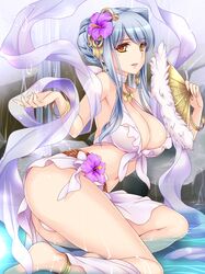  1girl ass bangle barefoot blue_hair blush bracelet breasts choker cleavage fan flower folding_fan hair_bun hair_flower hair_ornament holding jewelry long_hair mole moneti_(daifuku) open_mouth original panties payot smile solo underwear wet white_panties yellow_eyes 