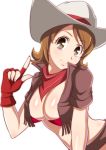  1girl breasts brown_eyes brown_hair cleavage cowboy cowboy_hat eyelashes fingerless_gloves gloves happinesscharge_precure! happy hat jabara921 large_breasts looking_at_viewer midriff oomori_yuuko precure red_gloves short_hair simple_background smile solo vest western white_background 