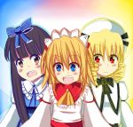  3girls :d artist_request ascot blonde_hair blue_eyes blush bowtie brown_eyes brown_hair dress drill_hair fang highres long_hair luna_child multiple_girls open_mouth puffy_sleeves short_hair smile source_request star_sapphire sunny_milk tagme touhou wide_sleeves yellow_eyes 