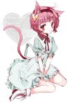  1girl alternate_costume animal_ears blue_dress blush boots bow cat_ears cat_tail cierra_(ra-bit) dress frilled_dress frills hairband heart kemonomimi_mode komeiji_satori looking_at_viewer pink_eyes pink_hair puffy_sleeves short_hair short_sleeves simple_background sitting solo tail text touhou white_background 