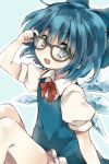 1girl adjusting_glasses bespectacled blue_dress blue_eyes blush cirno dress fang glasses hair_ribbon ice ice_wings looking_at_viewer open_mouth puffy_short_sleeves puffy_sleeves ribbon shirt short_sleeves sitting smile solo touhou wings zoooo19 