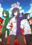  1girl 2boys alternate_costume artist_request black_hair blue_sky chain-link_fence frown green_hair hand_in_pocket hoodie jersey kagerou_project kano_shuuya kido_tsubomi long_hair looking_at_viewer multiple_boys red_eyes red_sky seto_kousuke short_hair sky smile 