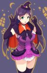  1girl :d aqua_eyes cape choker crescent dress hair_ornament hairclip halloween hat love_live!_school_idol_project low_twintails mini_hat open_mouth purple_dress sasamori_tomoe smile solo star star_hair_ornament thighhighs toujou_nozomi twintails witch_hat 