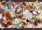  6+girls animal_ears blue_eyes blue_hair brown_eyes brown_hair chibi dress earmuffs flower futatsuiwa_mamizou glasses green_eyes green_hair grey_hair grin hair_rings hat japanese_clothes kaku_seiga kariginu kasodani_kyouko kemonomimi_mode leaf leaf_on_head miyako_yoshika mononobe_no_futo mouth_hold multiple_girls one_eye_closed open_mouth pince-nez ponytail raccoon_ears raccoon_tail ritual_baton sen1986 sharp_teeth smile soga_no_tojiko tail tate_eboshi ten_desires touhou toyosatomimi_no_miko white_hair wink 