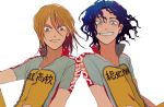  2boys aoyagi_hajime blonde_hair blue_eyes blue_hair clothes_writing curly_hair grin long_hair looking_at_viewer male multiple_boys short_sleeves smile sportswear teshima_junta white_background wind yellow_eyes yowamushi_pedal yuzumisuzu zipper 