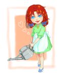  apron blue_eyes braid dress hair_ribbon heart highres hong_meiling lips mago_(gengennikoniko) redhead ribbon sharp_teeth shoes slit_pupils smile touhou twin_braids waist_apron watering_can young 