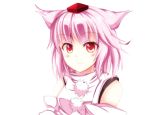 animal_ears bare_shoulders blush breasts detached_sleeves hat inubashiri_momiji looking_at_viewer nununu!! pom_pom_(clothes) red_eyes short_hair silver_hair simple_background smile tokin_hat touhou white_background wolf_ears 