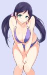  aqua_eyes between_legs bikini blush breasts cleavage hand_between_legs large_breasts love_live!_school_idol_project low_twintails o-ring_top sasamori_tomoe side-tie_bikini simple_background smile swimsuit toujou_nozomi twintails 