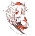  1girl :&lt; animal_ears chibi detached_sleeves frown hat inubashiri_momiji kirisame_arashi leaf looking_at_viewer maple_leaf pom_pom_(clothes) red_eyes shield simple_background skirt solo sword tail tokin_hat touhou vest weapon white_background white_hair wolf_ears wolf_tail 
