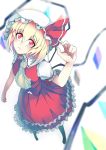  1girl arm_up ascot black_legwear blonde_hair blush bow chiruru96 crystal flandre_scarlet frilled_skirt frills hat hat_bow looking_up mob_cap no_shoes pantyhose ponytail puffy_sleeves red_eyes shirt short_hair short_sleeves side_ponytail simple_background skirt skirt_set solo touhou vest wavy_mouth white_background wings 