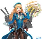  1girl atago_(kantai_collection) black_legwear blonde_hair breasts cannon cherrylich gloves green_eyes hat highres kantai_collection long_hair military military_jacket military_uniform open_mouth pantyhose personification skirt smile solo turret uniform v white_gloves 